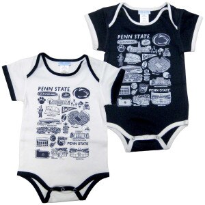 white and navy infant onesies with assorted Penn State campus impressions